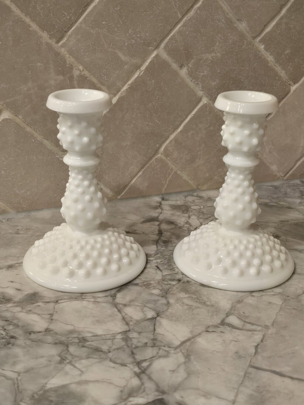 Vintage Fenton Art Glass White Milkglass Hobnail Candlestick Pair Candle Holders